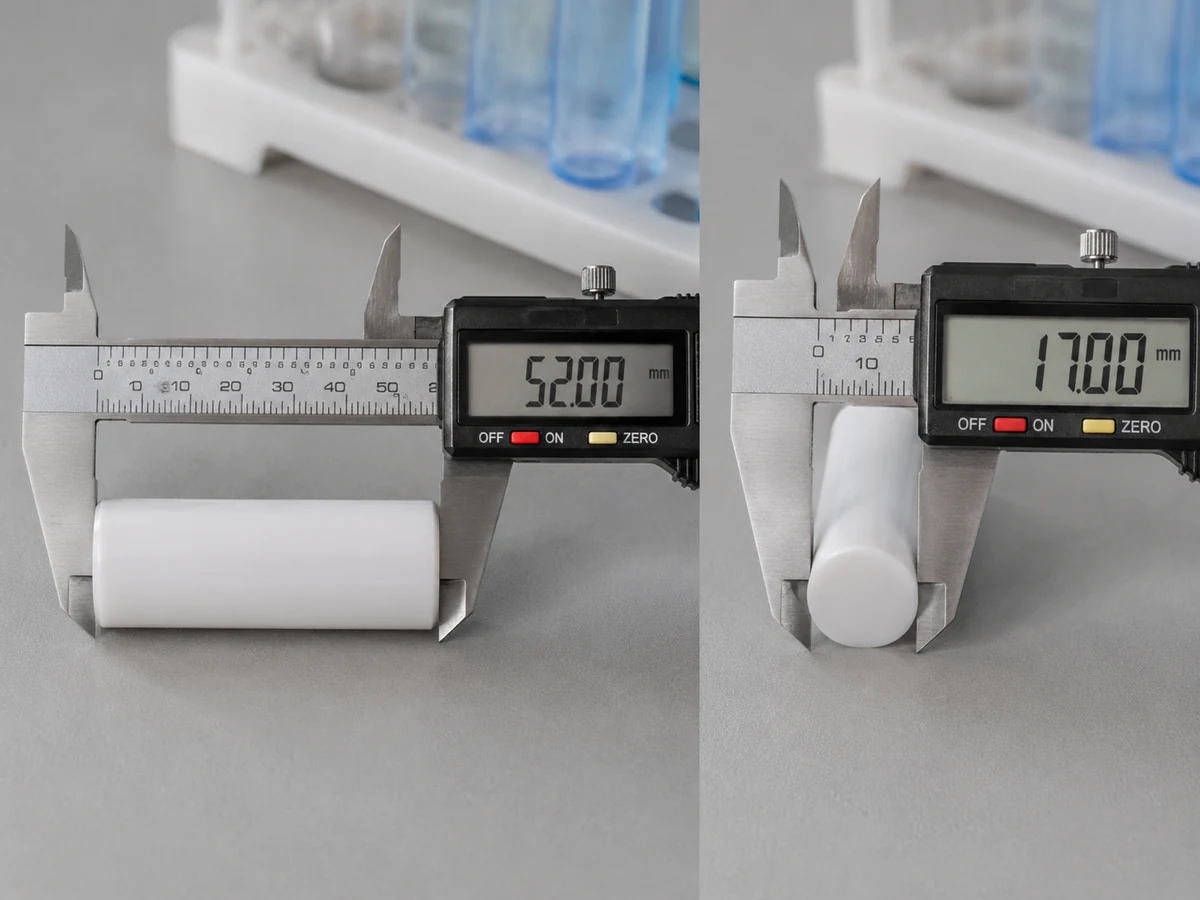 Digital caliper check of the 52 mm length and 17 mm diameter PTFE magnetic bar
