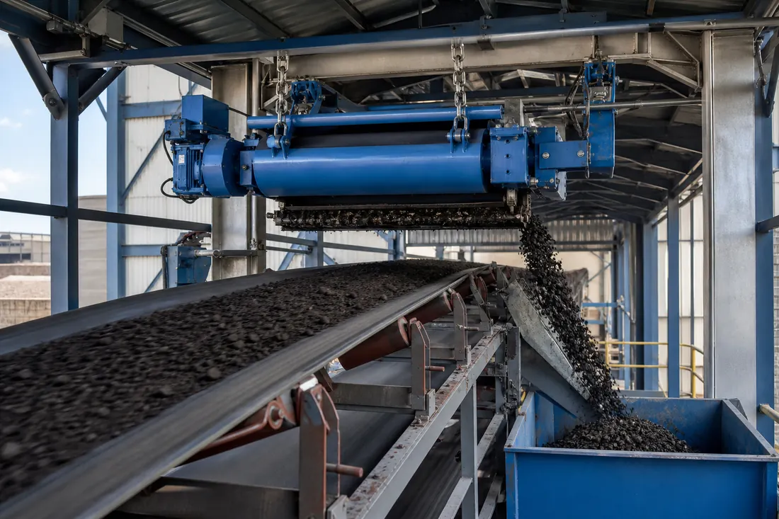 Overband magnetic separator for cement handling