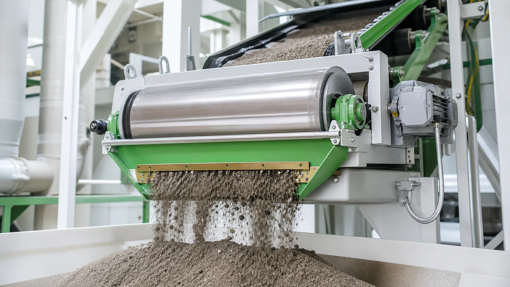 Dry bulk magnetic separator handling material at a conveyor discharge point