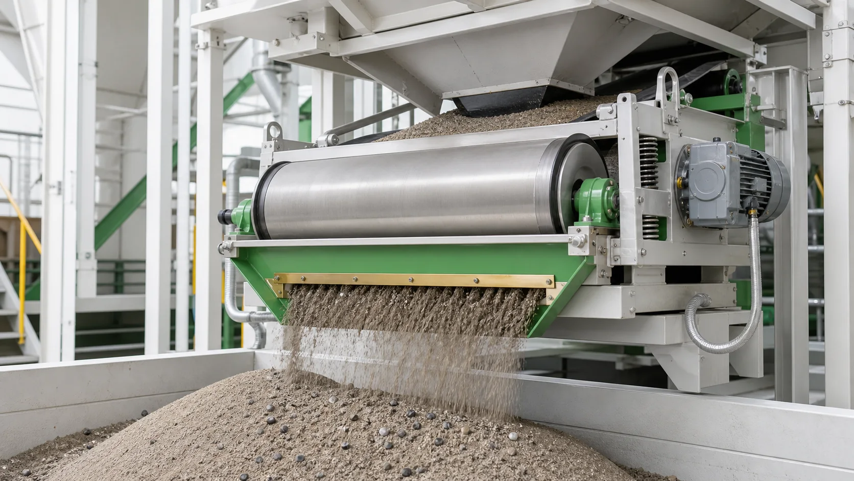 Dry bulk magnetic separator at a conveyor discharge point handling sand or aggregate