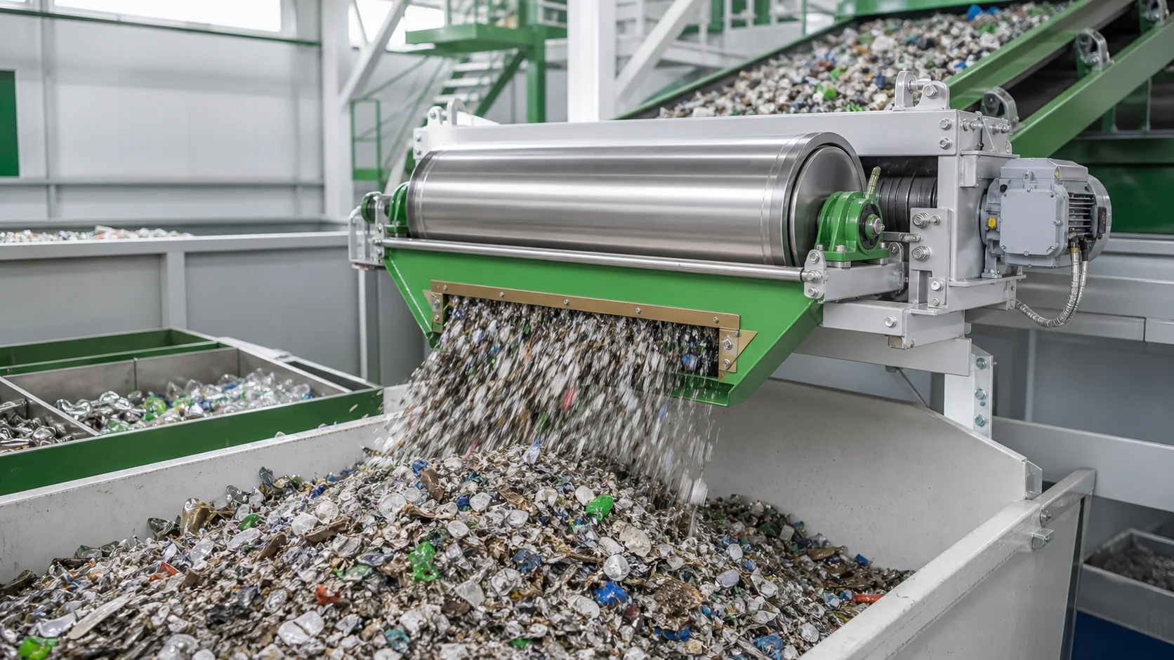 Crushed recycling material passing through magnetic separation equipment
