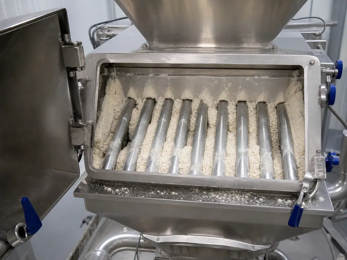 scène industrielle de séparation magnétique dans la transformation alimentaire