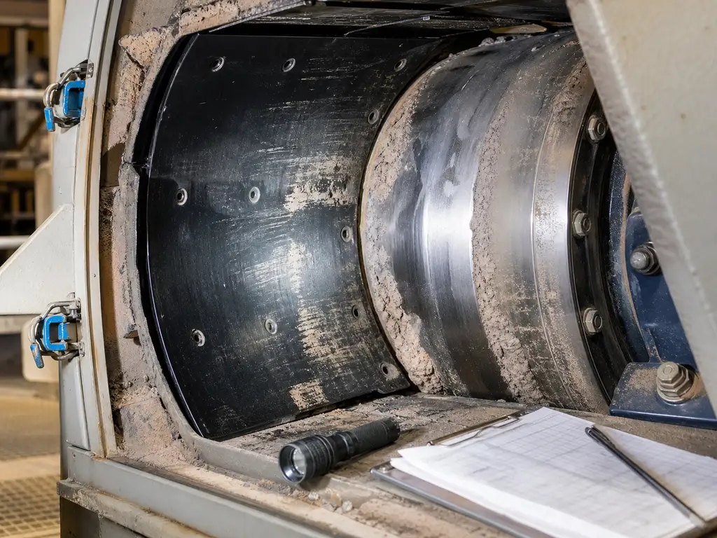 Wartung eines Überbandmagnetabscheiders in einer industriellen Magnetabscheidungsanlage