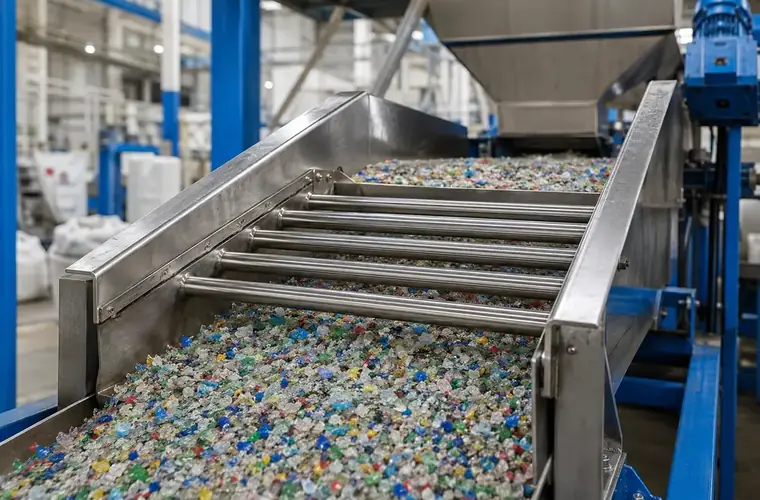 Paillettes de plastique traversant un séparateur magnétique