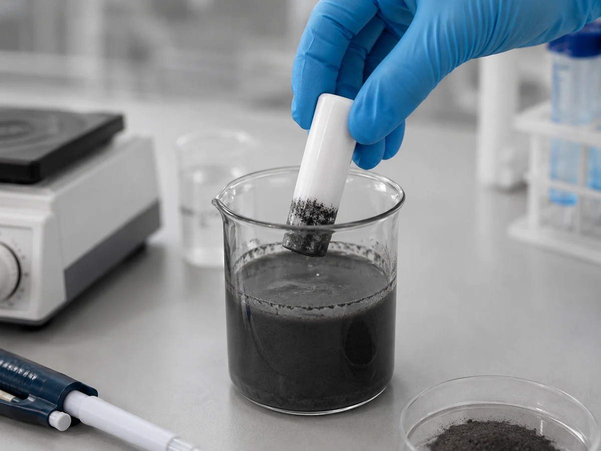 PTFE magnetic bar collecting magnetic particles from a battery material slurry sample